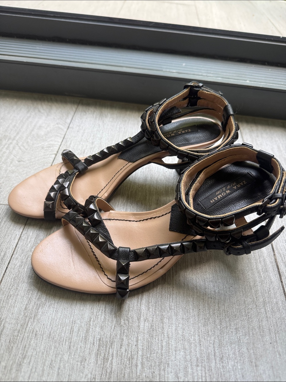 Zara Black Studded T-Strap Ankle Sandals size 37 Heels - Picture 6 of 10